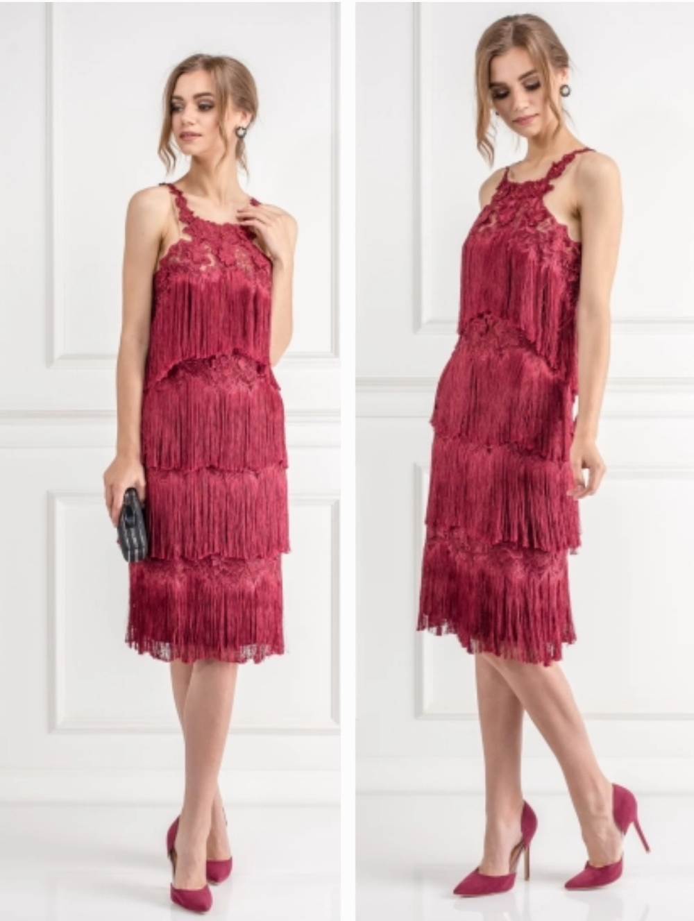 New Women's Fringed Wine Embroidered Cocktail Dress By Marchesa Notte. Size 2 - Picture 4 of 16